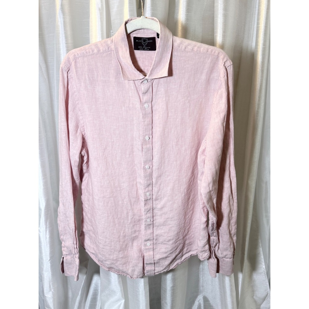 Black Brown 1826 Button Down Mens Medium Pink Excellent 100% Linen Long Sleeve